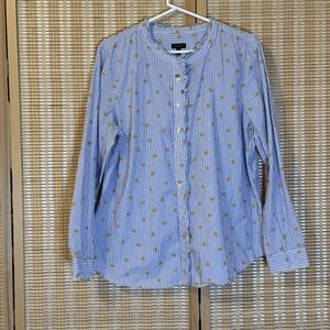 TALBOTS Womens XL Shirt Button Up Ruffle Collar Stripes Gold Hearts Y2K Preppy